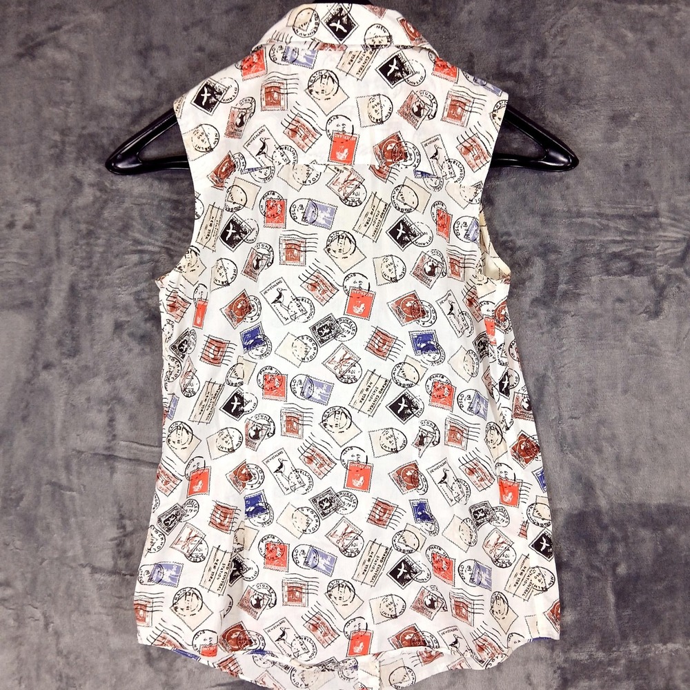 Brooks Brothers Shirt Womens 2 White Postal Stamp Print Sleeveless Ruffle Cotton - Picture 2 of 11